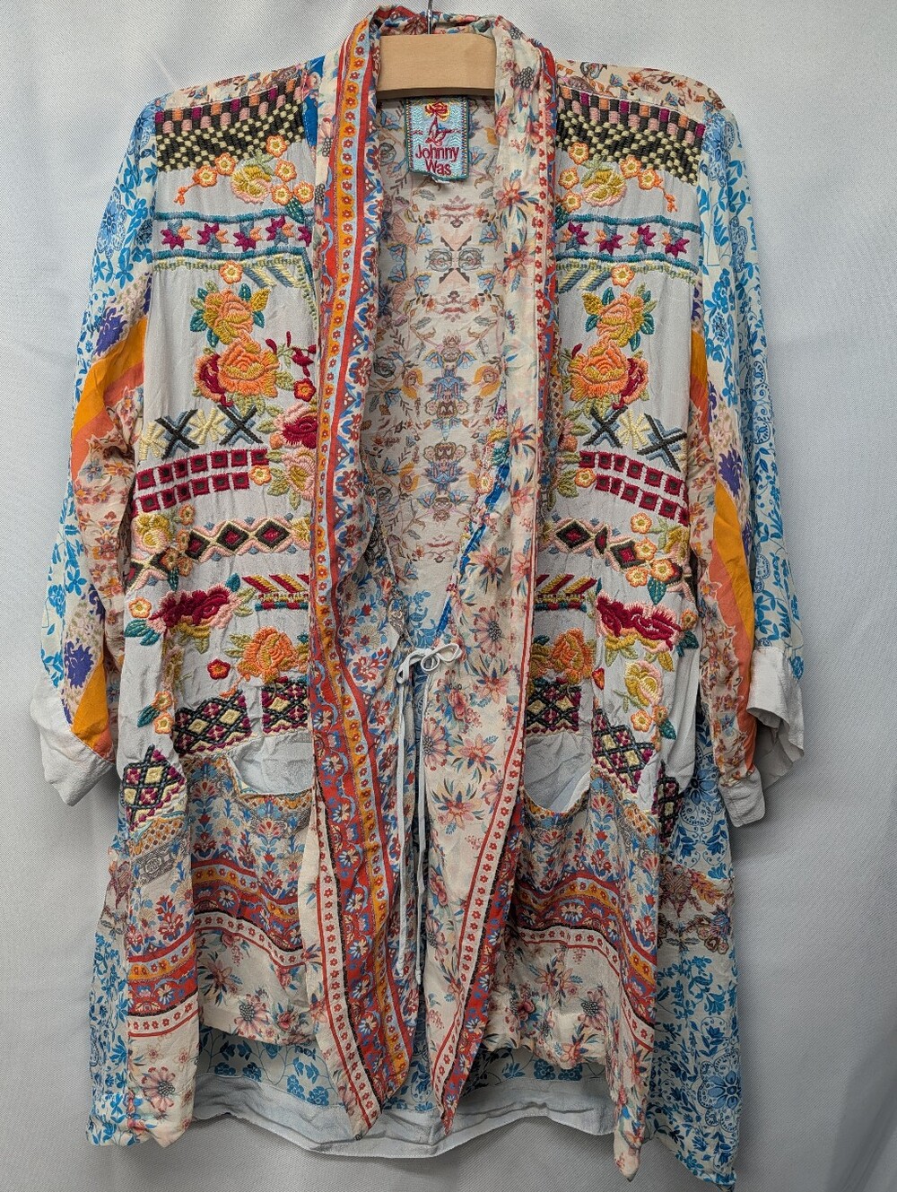 Johnny Was Blue & Yellow Embroidered Silk Kimono Jacket, NWOT Size Small